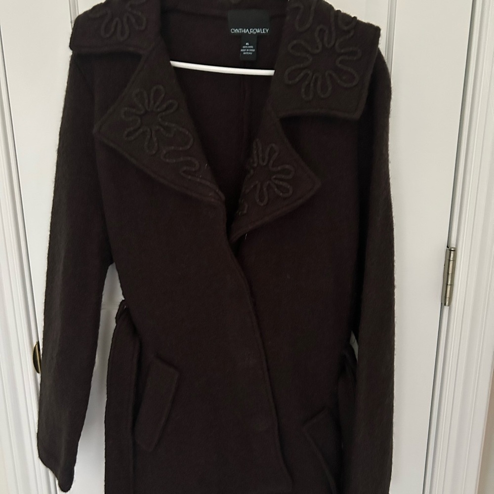 NWOT Cynthia Rowley Dark Brown Trench Coat with Floral Design Belted Wool XL NEW